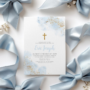 Invitación Azul acuarela Cruz de Oro Niño Bautismo