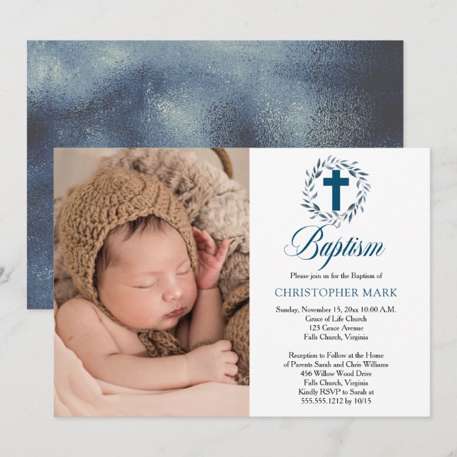 Invitación Azul acuarela deja bautismo de foto de chico guerr (Anverso / Reverso)