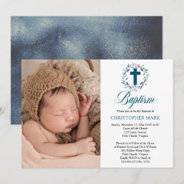 Invitación Azul acuarela deja bautismo de foto de chico guerr