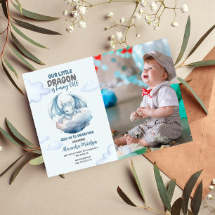 Invitación Azul acuarela Dragón Bebé Primer cumpleaños Foto