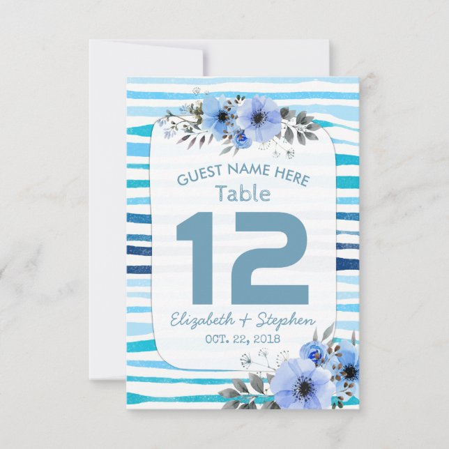 Invitación Azul acuarela Floral Boda Número de tabla (Anverso)