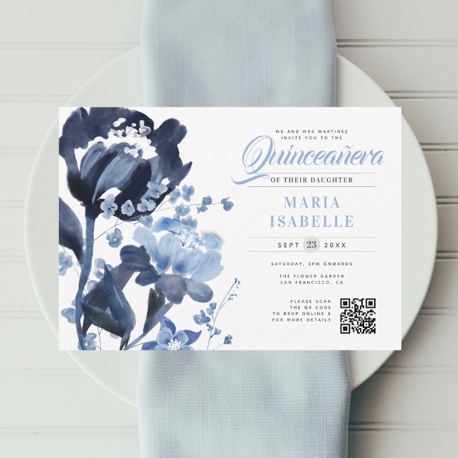 Invitación Azul acuarela Floral Código QR Quinceañera (Watercolor Blue Wildflowers Quinceanera Birthday Invitation QR Code RSVP)