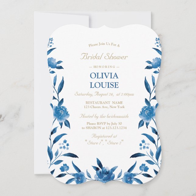 Invitación Azul acuarela floral ducha de novia Chinoiserie (Anverso)