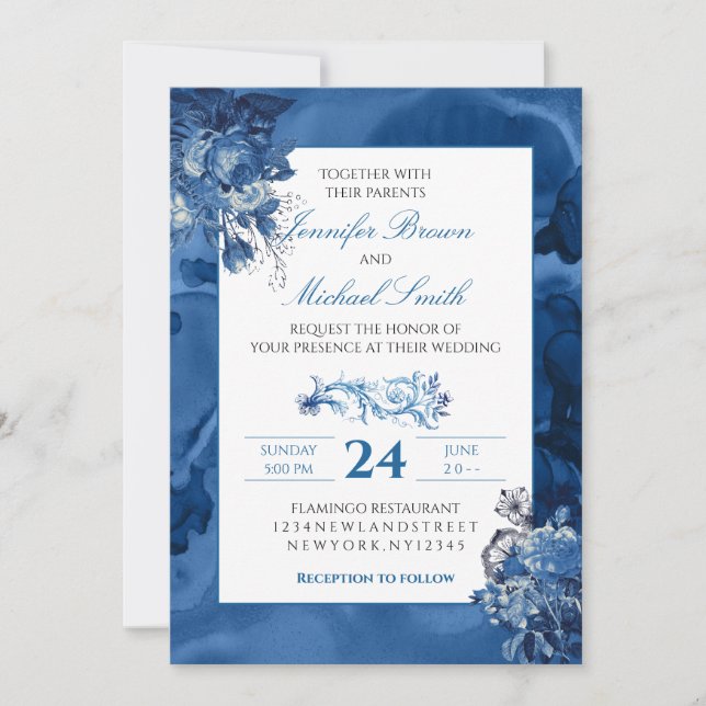 Invitación Azul acuarela floral Elegante Boda (Anverso)