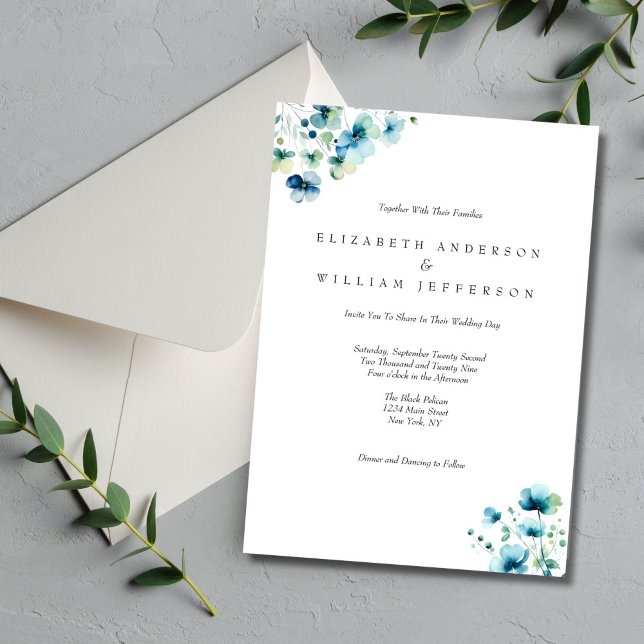 Invitación Azul acuarela Floral Elegante Boda formal (Blue Floral Watercolor Elegant Formal Wedding inviation)