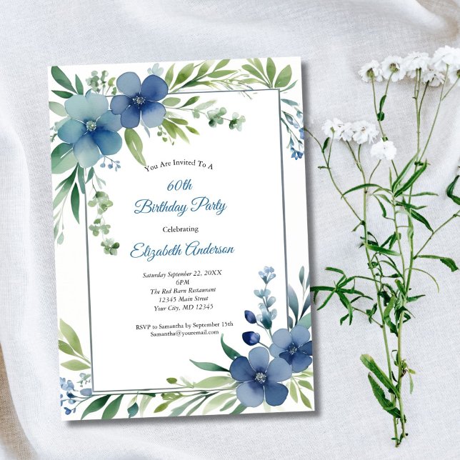 Invitación Azul acuarela Floral Elegante cumpleaños número 60 (Blue and Green Watercolor Floral 60th Birthday invitation)