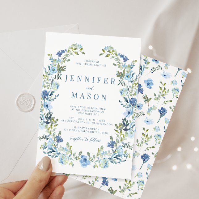 Invitación Azul acuarela floral flor boho boda de verano (Subido por el creador)