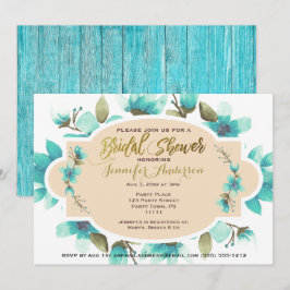 Invitación Azul acuarela Floral Rústica Madera Bridal Ducha