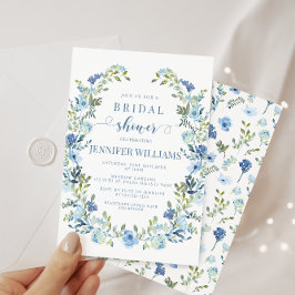 Invitación Azul acuarela floral wreath boho ducha de novia