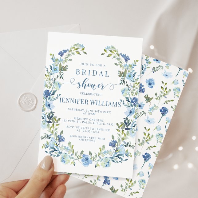 Invitación Azul acuarela floral wreath boho ducha de novia (Subido por el creador)