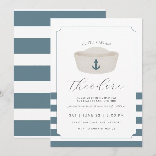 Invitación Azul acuarela Gorra Azul marino Primer cumpleaños (Anverso / Reverso)