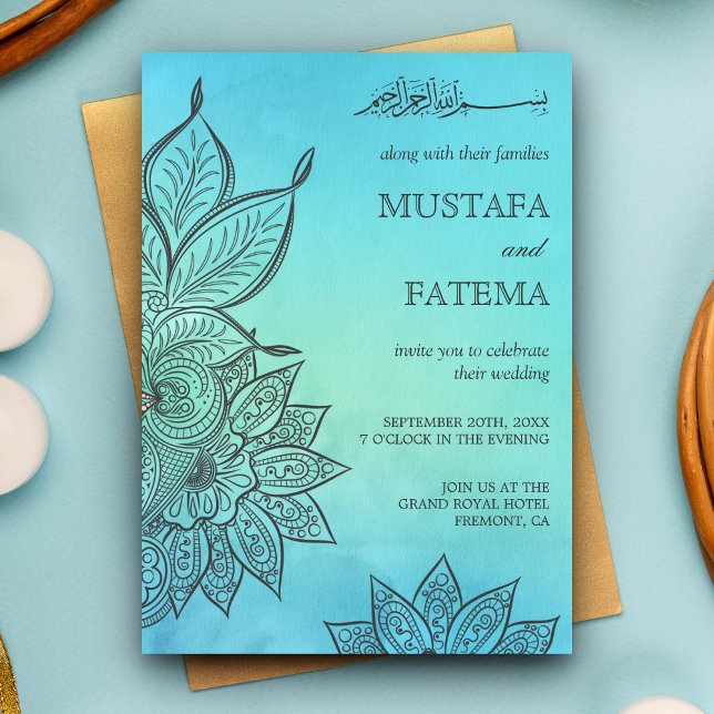 Invitación Azul acuarela Henna Boda islámico (Subido por el creador)