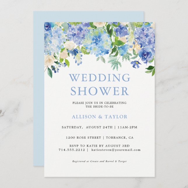 Invitación Azul acuarela Hydrangea Boda Ducha (Anverso / Reverso)