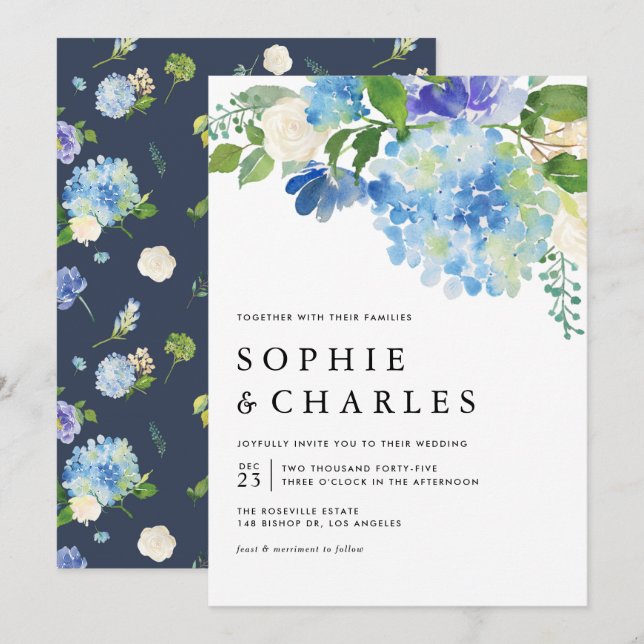 Invitación Azul acuarela Hydrangea Boda floral invernal (Anverso / Reverso)