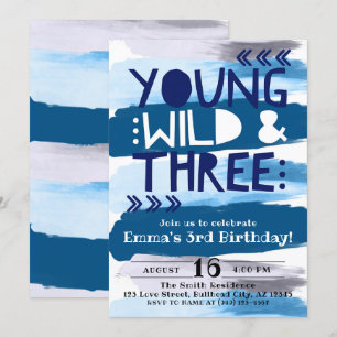 Invitación Azul acuarela joven salvaje y tres cumpleaños