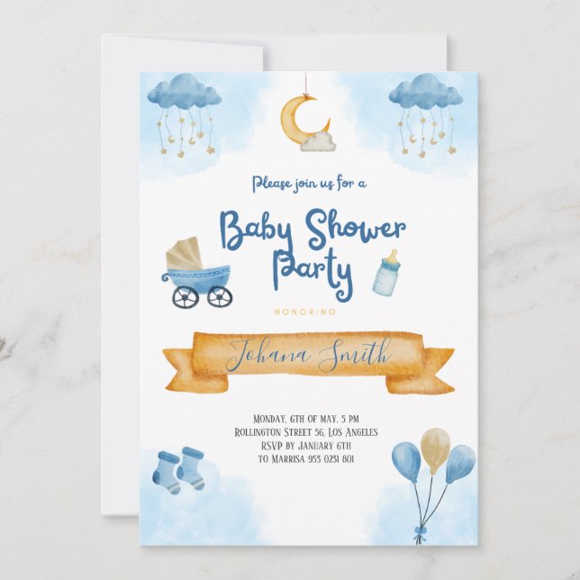 Invitación Azul acuarela Luna y estrellas Baby Shower (Anverso)