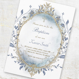 Invitación azul acuarela marco beige bautismo niño bebé