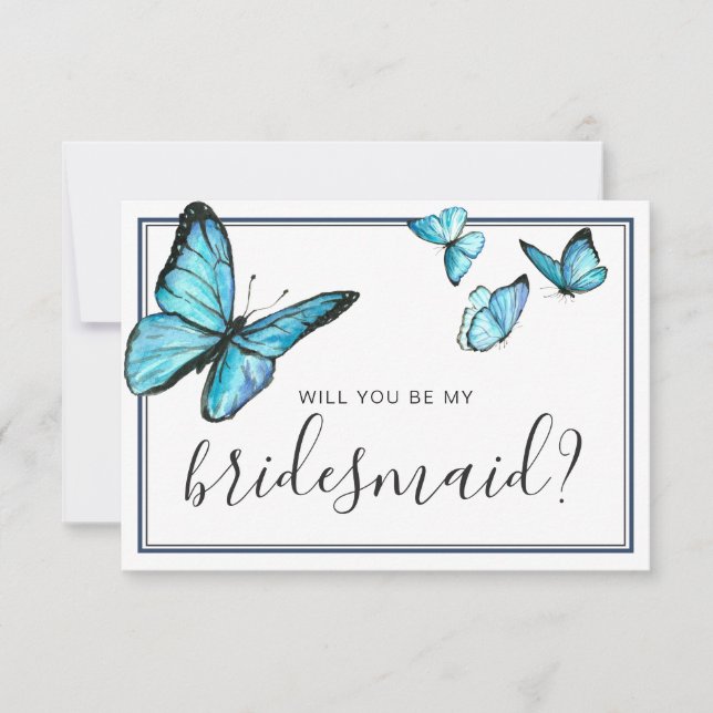 Invitación Azul acuarela mariposa ¿Serás mi dama de honor? (Anverso)