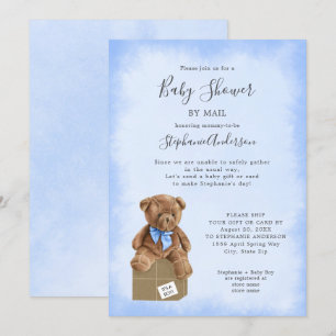 Invitación Azul acuarela marrón oso Baby Shower por correo
