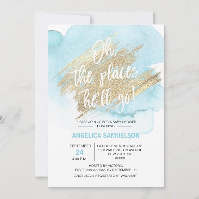 Invitación Azul acuarela Oh los lugares donde irá a Baby Show (Anverso)