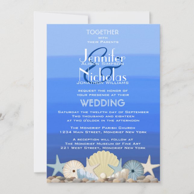 Invitación Azul acuarela Ombre Nautical Beach Wedding (Anverso)