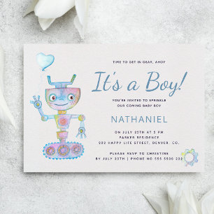 Invitación Azul acuarela robot lindo es un niño baby shower