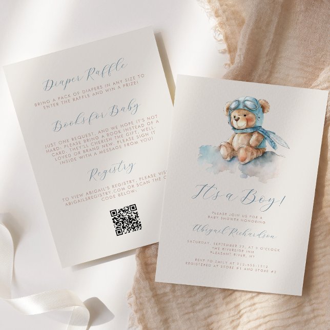 Invitación Azul acuarela Teddy Bear Código QR Niño Baby Showe (Subido por el creador)