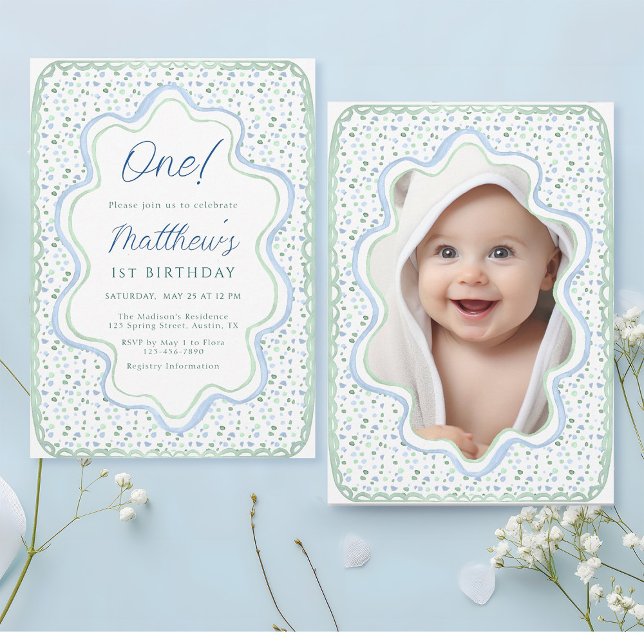 Invitación Azul acuarela y verde sabio 1er cumpleaños foto (Front & Back)