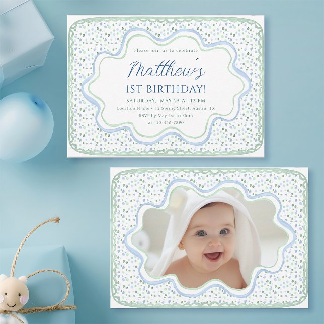 Invitación Azul acuarela y verde sabio 1er cumpleaños foto (Front & Back)