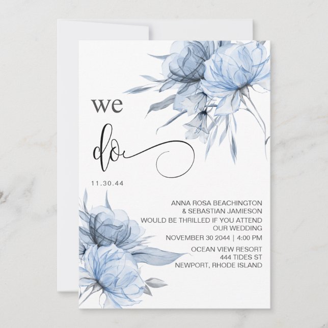 Invitación *~* Azul agitado bucal AR15 Floral RSVP QR BODA (Anverso)