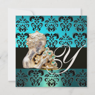 INVITACIÓN AZUL AGUAMARINA NEGRO, BLANCO DAMASCO JOYA MONOGRA