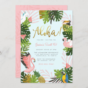 Invitación Azul   Aloha Hawaii Tropical Gold Birday Party