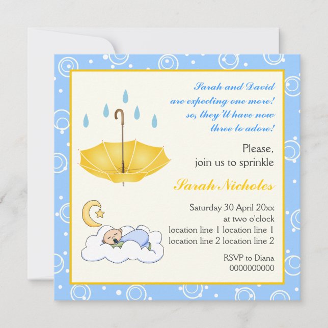 Invitación azul amarilla de baby sprinkle de bebé  (Anverso)