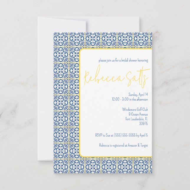 Invitación Azul Amarillo amarillo Mediterráneo Azulejos Ducha (Anverso)