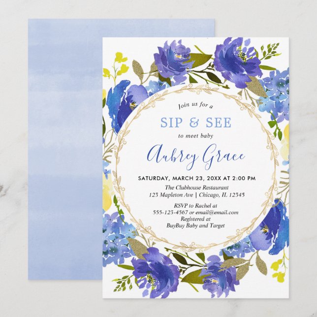 Invitación Azul amarillo dorado elegante Sip y ver (Anverso / Reverso)