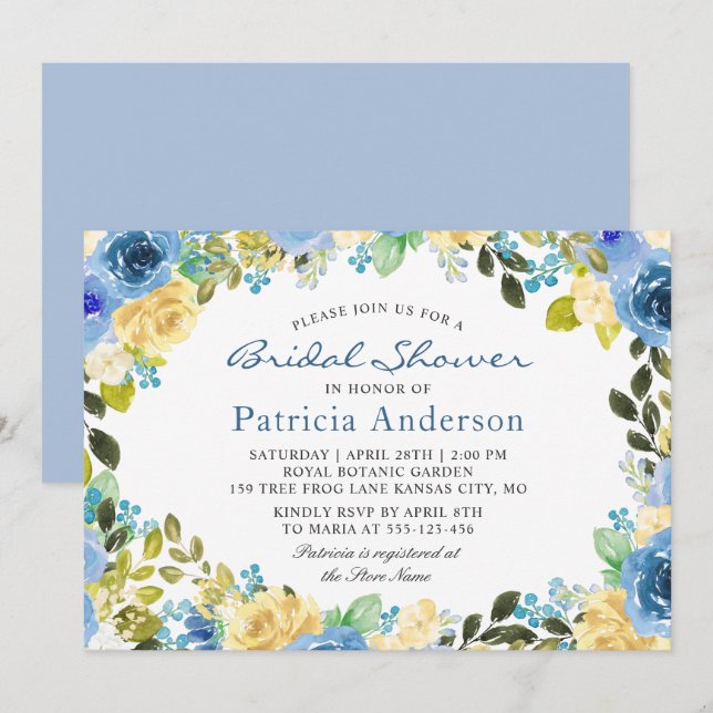 Invitación Azul Amarillo Floral Jardín Botánico Ducha Bridal (Anverso / Reverso)