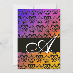 Invitación AZUL AMARILLO PURPURA NEGRO  DAMASCO MONOGRAMA ,bl