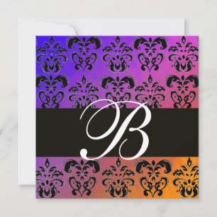 Invitación AZUL AMARILLO PURPURA NEGRO DAMASCO MONOGRAMA , bl