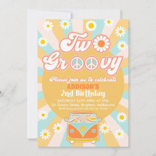 Invitación Azul amarillo rosa Dos Groovy Retro Segundo cumple