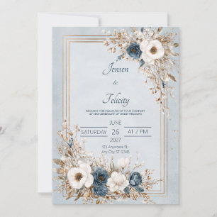 Invitación Azul añil Blanco Dorado Floral Invierno Elegante