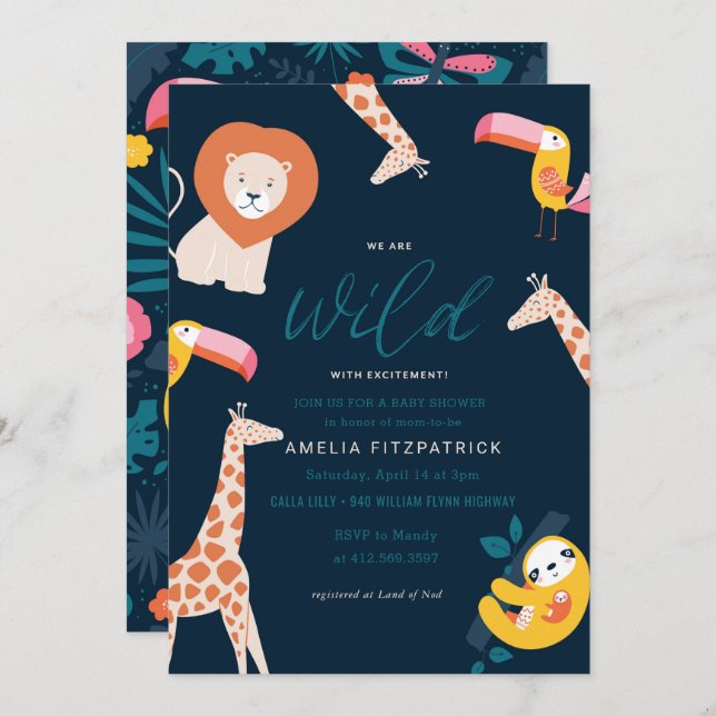 Invitación Azul animal de Baby Shower el | de la selva (Anverso / Reverso)