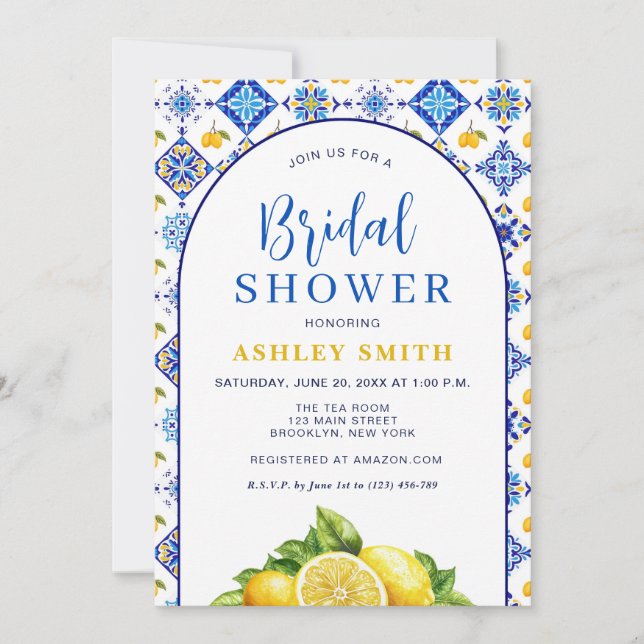 Invitación Azul Arco Amarillo Lemon Mediterráneo Ducha de nov (Anverso)