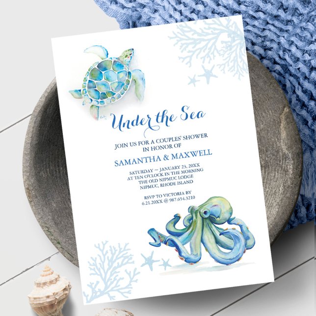 Invitación Azul Baby Shower Bajo La Acuarela Costera Del Mar (Nautical baby shower ideas unique watercolor art by Victoria Grigaliunas of Do Tell A Belle)