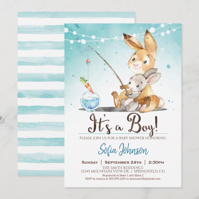 Invitación azul Baby Shower de Conejo Conejo Conej (Anverso / Reverso)