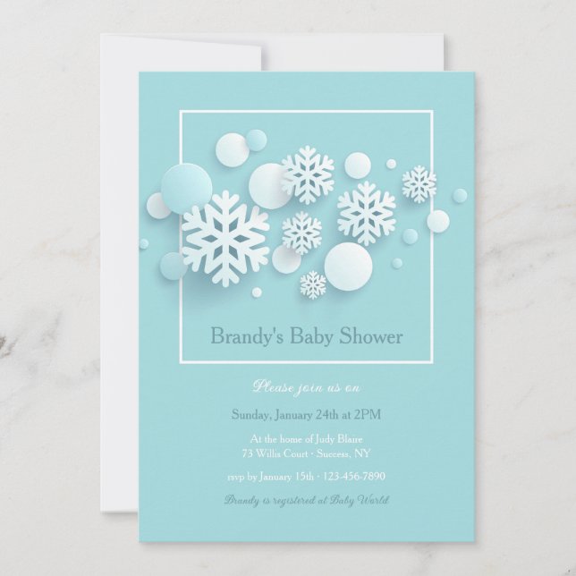 Invitación azul Baby Shower de copos de nieve de p (Anverso)