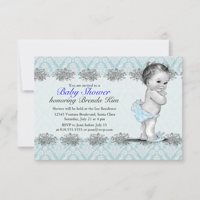 Invitación azul Baby Shower de época (Anverso)