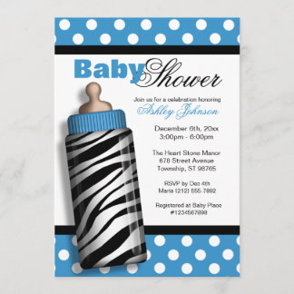 Invitación Azul Baby Shower del biberón del estampado de