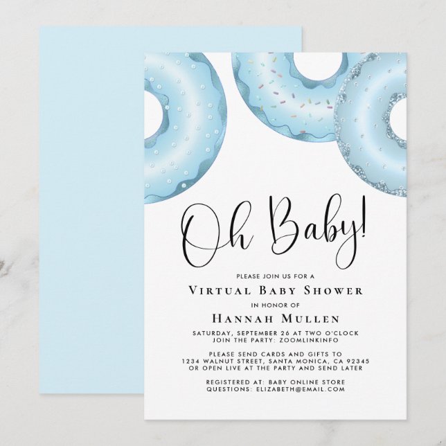 Invitación azul Baby Shower virtual de donuts (Anverso / Reverso)