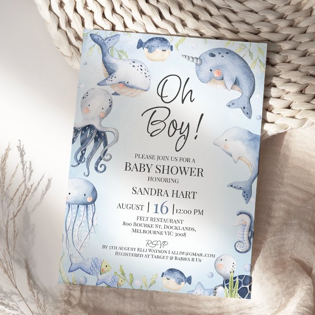 Invitación Azul bajo el mar Criaturas Boys Baby Shower (Boys Under The Sea Baby Shower Invitation Template, Editable Ocean Themed Baby Shower Invitation )
