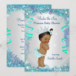 Invitación Azul Bajo El Mar Princesa Baby Shower Étnico